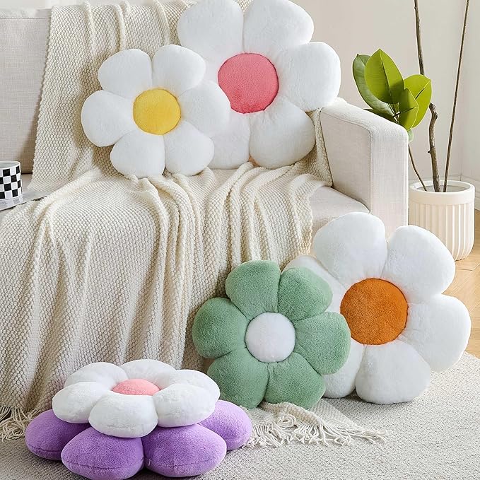 CANGHI Flower Pillow, White Yellow 15.7 inch Flower Shaped Throw Pillows Daisy Plush Pillow Floor Pillows Seat Cushion Cute Aesthetic Decorative Throw Pillows for Bed Home Sofa Chair Couch Decor