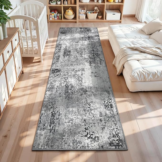 2x10 Grey Rug Runners for Hallways Kitchen Runner Rug Non Slip Washable Black Long Runner Rugs with Rubber Backing Soft Abstract Carpet Runner for Bedroom, Kitchen, Bathroom, Entryway