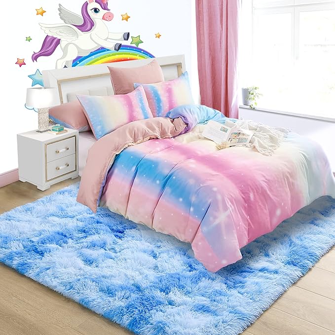 Noahas 4x6 Fluffy Kids Rugs for Room,Soft Blue Tie-Dyed Rainbow Rug for Girls Bedroom,Soft Colorful Playroom Shag Nursery Carpets Room Decor