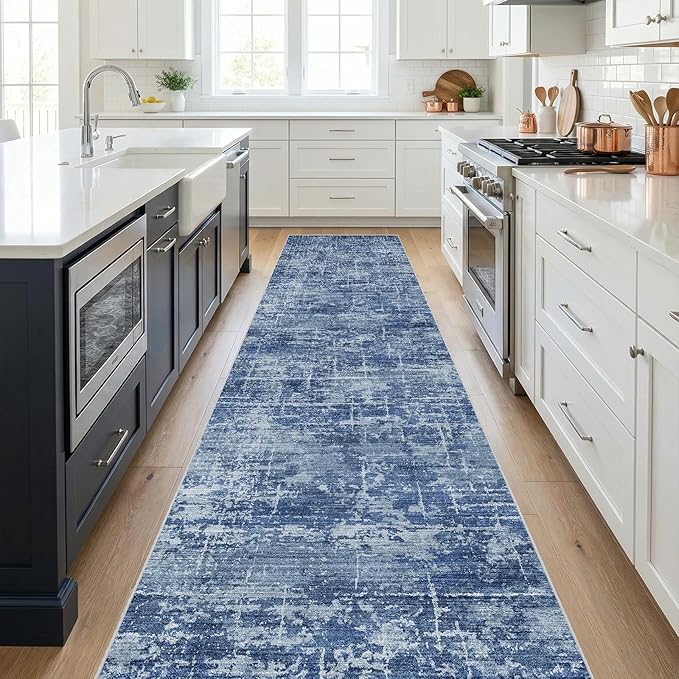 2x12 Washable Hallway Runner Rug - Modern Abstract Neutral Long Carpet with Non-Slip Backing Low-Pile Stain-Resistant Thin Runners for Kitchen Bathroom Bedroom Entryway (2x12, Blue)