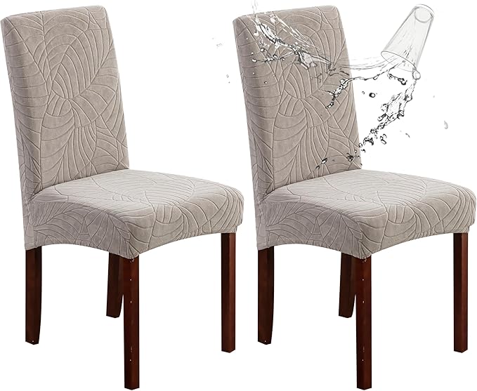 Genina Waterproof Chair Covers for Dining Room Set of 2, Stretch Jacquard Dining Chair Slipcovers Removable Washable Chair Protector for Kitchen, Hotel, Restaurant (Leaves-Warm Gray, 2 PCS)