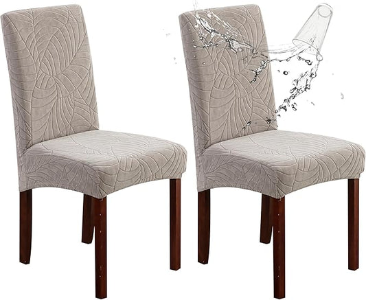 Genina Waterproof Chair Covers for Dining Room Set of 2, Stretch Jacquard Dining Chair Slipcovers Removable Washable Chair Protector for Kitchen, Hotel, Restaurant (Leaves-Warm Gray, 2 PCS)