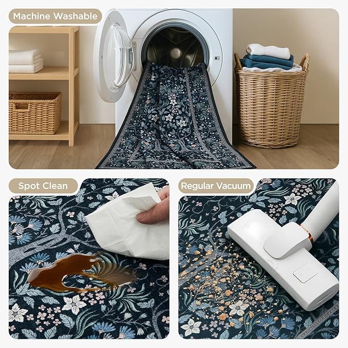 Joydeco Washable Round Area Rug for Living Room, Soft Round Rugs 6ft Non Slip with Rubber Backing, Vintage Large Circle Carpet for Bedroom Kitchen Nursery, Black-Blue Floral Décor