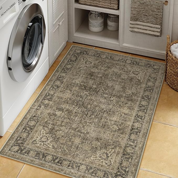 3x5 Washable Area Rug Brown Vintage Non Slip Soft Low Pile Rug for Entryway Kitchen Bathroom Distressed Oriental Throw Carpet for Living Room Bedroom Home Decor