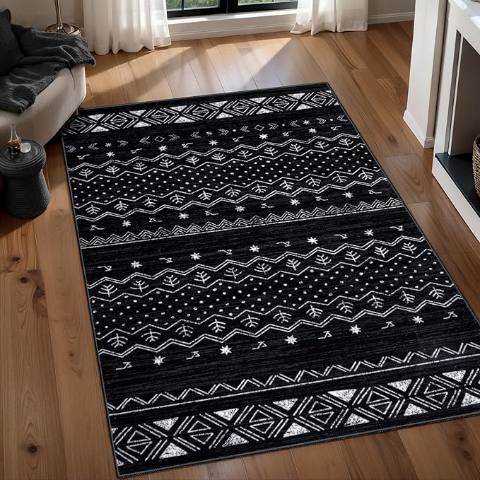 SERISSA 3x5 Area Rugs for Living Room, Washable Non-Slip Black and White Small Boho Rug, Soft Low-Pile Geometric Indoor Throw Carpet for Bedroom Kitchen Dining Room Office