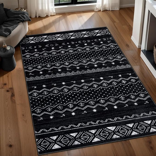 SERISSA 3x5 Area Rugs for Living Room, Washable Non-Slip Black and White Small Boho Rug, Soft Low-Pile Geometric Indoor Throw Carpet for Bedroom Kitchen Dining Room Office