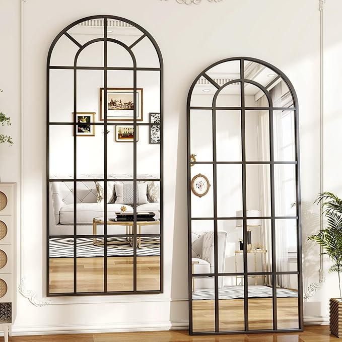 Full Length Mirror, 25"×69" Window pane Arched Mirror Full Body Floor, Grid-Designed Decorative Farmhouse with Metal Frame Hanging or Leaning for Entryway, Living Room, Home Decor, Black