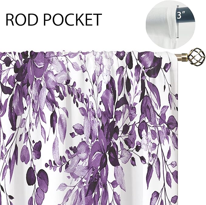 Eucalyptus Botanical Leaves Purple Floral Kitchen Window Curtains Over Sink Farmhouse Flower Leaf Small Window Treatment Cafe Short Curtains for Bathroom Treatment Tier Drapes 27.5x39 inch
