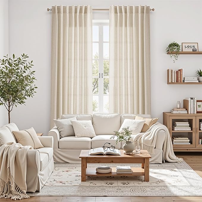Nanspring Cream Beige Curtains 90 Inches Long for Living Room Linen Light Filtering Semi Sheer Curtain Back Tab Rod Pocket Modern Farmhouse Decor Elegant Coastal Drapes for Bedroom 52x90, 2 Panels
