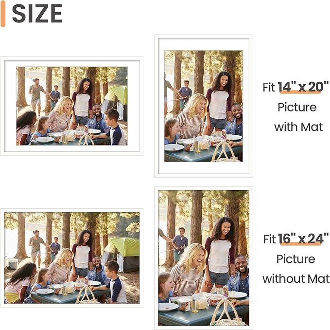 upsimples 16x24 Picture Frame, Display Pictures 14x20 with Mat or 16 x 24 Without, Wall Hanging Poster Frames, White, 1 Pack