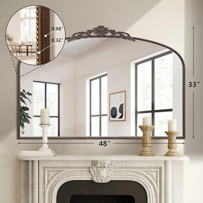 Micasso Large Bronze Vintage Mirror: 48"x 33" French Baroque Antique Mirror - Traditional Ornate Decorative Wall Mounted Arched Mirrors for Wall/Mantel/Entryway/Hallway - Home Decor for Living Room