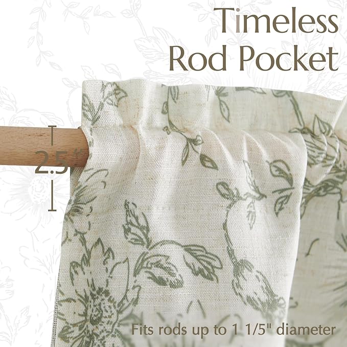 jinchan Linen Floral Valance Double Layer Kitchen Window Curtain Green Flower on Beige Valance for Living Room Cafe Farmhouse Light Filtering Rustic French Country Sage 18 Inch Rod Pocket 1 Panel