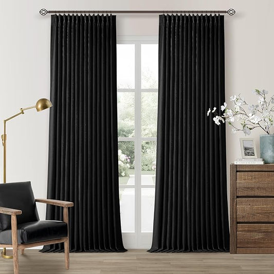 Black Blackout Pinch Pleated Linen Curtains 105 Inches Long for Living Room 2 Panels Thermal Insulted Dual Layer Drapes Ceiling Floor Back Tab 105 Inch Window Curtains Bedroom Sliding Glass Door