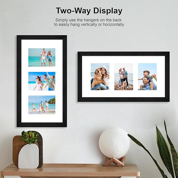 10x20 Picture Frame Set of 2, Rustic Black Wood Frame with Real Glass Collage Frame, Display Pictures Three 5x7 With Mat or 10 x 20 Without Mat - Horizontal or Vertical Wall Mounting