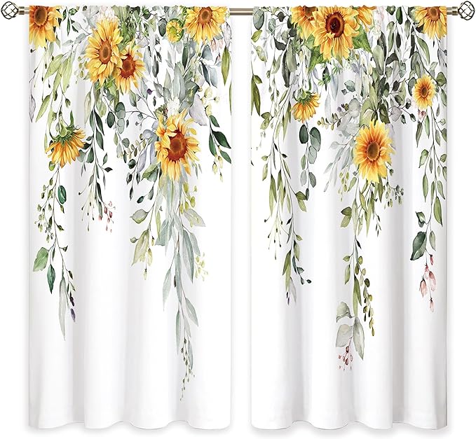Farmhouse Sunflower Eucalyptus Botanical Leaves Floral Window Curtains Yellow Flower Watercolor Plant Wildflower Curtain Drapes Herb Curtains for Bedroom Living Room Treatment 29Wx63H Inch