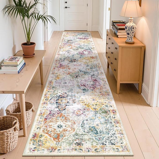 Ileading Washable Hallway Runner Rugs, 2x10 Non Slip Runners Area Rug for Entryway Kitchen Bathroom Bedroom Laundry Living Room, Long Narrow Low-Pile Floor Carpet Boho Vintage Throw Mat for Kids Room