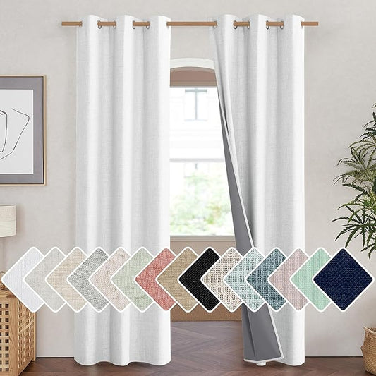 NICETOWN 100% Absolutely Blackout Linen Curtains with Thermal Insulated Liner, Greyish White, 42" Wide, 90" Length Energy Saving Curtains for Living Room 2 Panels Set, Vertical Blinds