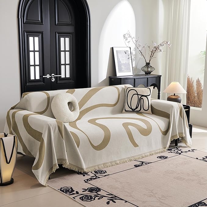 MYSKY HOME Boho Couch Cover Super Soft Couch Covers for 2-3 Cushion Couch Sofa, Modern Khaki Jacquard Sofa Slipcover Loveseat Futon Cover, Couch Covers for Sectional Sofa, 71" x 118", Khaki Curve