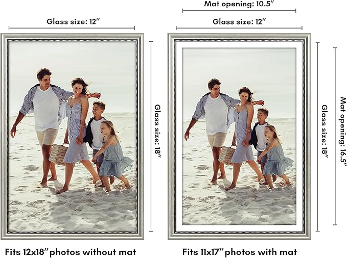 Americanflat Vintage Frames - 12x18 Poster Frame with Beaded Accents and Polished Plexiglass - Use as 11x17 Frame or Display 12x18 Photos Without Mat - Heirloom Collection - Wall Display - Silver