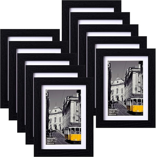 eletecpro 5x7 Picture Frames Set of 10 with Clear Acrylic Cover, Tabletop Decor, Displays 4x6 Photos with Mat or 5x7 Without, Horizontal or Vertical, Desktop Stand, Black