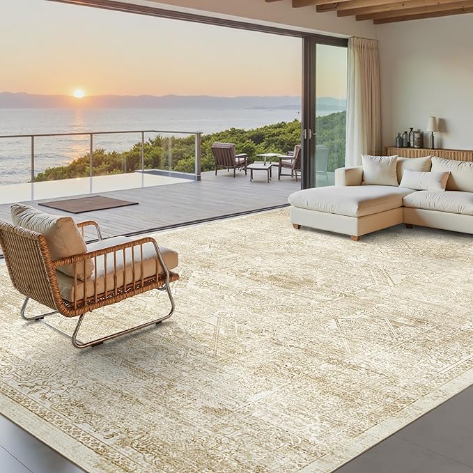 Soalmost Washable Area Rug 9x12, Large Soft Rugs for Living Room Vintage Beige Rug 9x12 Area Rugs for Bedroom Dining Room Floral Non-Slip Thin Rug
