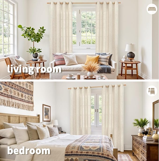 YoungsTex Linen Curtains 84 Inches Long Light Filtering - Semi Sheer Drapes with Bronze Grommet for Dining Bedroom Living Room Window, 2 Panels 52 x 84 Inch
