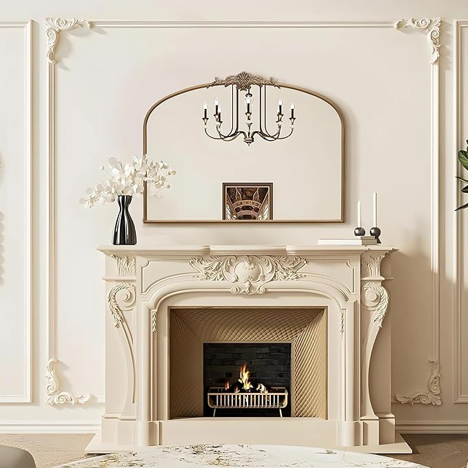 Besdomus Vintage Arched Gold Mirror: 40"x29" French Large Matt Gold Antique Wall Mounted Mirror - Baroque Traditional Ornate for Entryway/Fireplace/Bathroom/Hallway - Home Decor for Fashion-Conscious