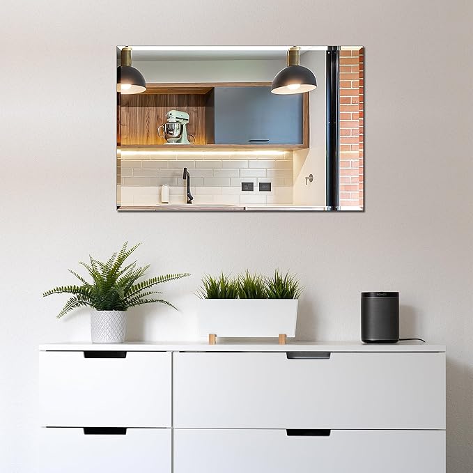 Frameless Bathroom Mirror for Wall, Rectangle Beveled Edge Mirror for Over Sink, Tempered Glass, Shatterproof, Hangs Horizontally or Vertically for Living Room, Entryway, Restroom, 24" x 16"