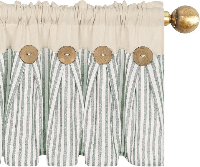 ASPMIZ Cotton Linen Kitchen Curtains 24 Inch Length Tier Curtain for Small Window Treatment, Boho Button Half Window Curtain Farmhouse, Green Stripe Rod Pocket Short Curtains for Window, 2 Panels