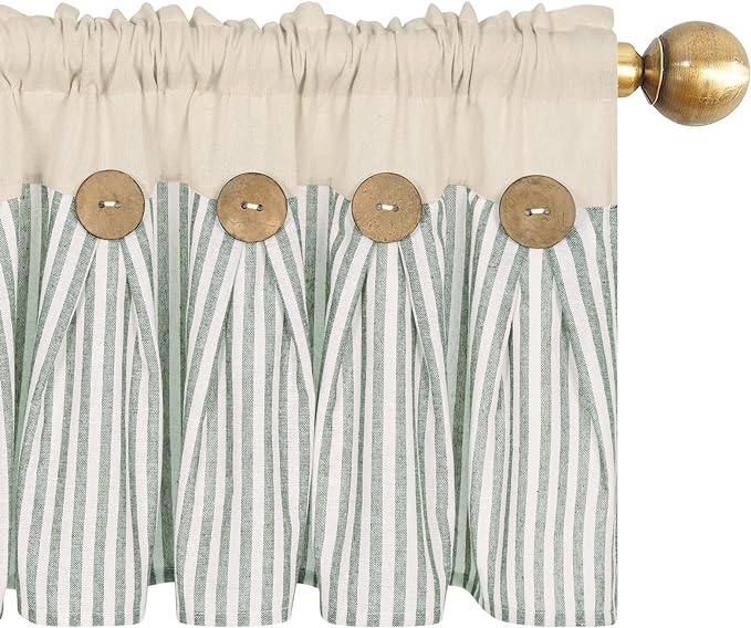 ASPMIZ Cotton Linen Kitchen Valance Curtains, Boho Rustic Button Linen Valances for Windows Farmhouse, Green Stripe Valance Window Treatment Tiers, Rod Pocket Window Valances for Cafe, 52 x 18 Inch