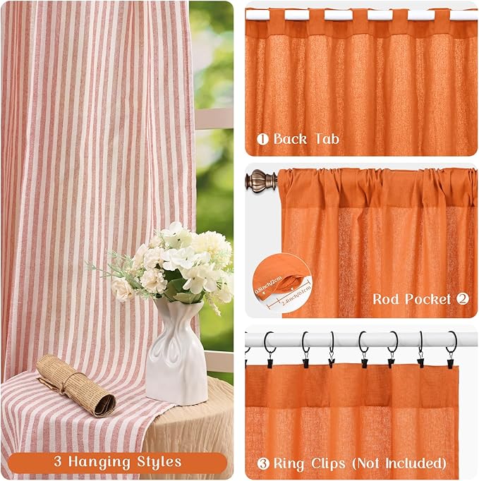 ASPMIZ Cotton Linen Curtains for Living Room, Rod Pocket & Back Tab Boho Curtains for Bedroom, Country Farmhouse Striped Curtain with Rustic Buttons, Home Decor, Orange, 52 x 84 Inch, 2 Panels