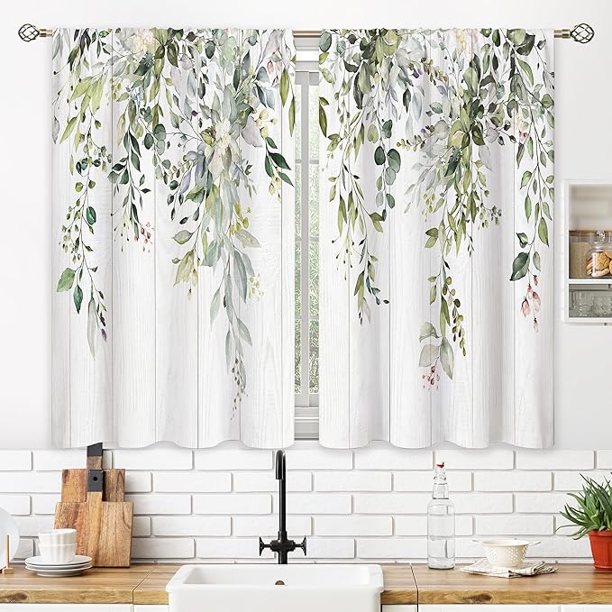 Farmhouse Wooden Eucalyptus Small Kitchen Curtains Watercolor Leaves Window Treatment Flower Floral Plant Botanical Cafe Short Curtains for Bathroom Dining Fall Tier Treatment Drape 26x30 inch