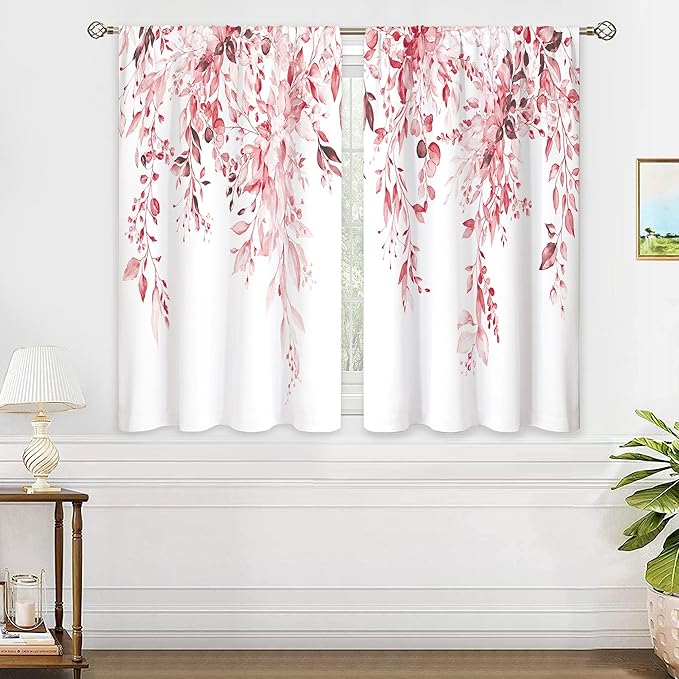 Pink Eucalyptus Botanical Leaves Floral Kitchen Window Curtains Over Sink Farmhouse Flower Leaf Small Window Treatment Cafe Short Curtains for Bathroom Treatment Tier Drapes 27.5x39 inch