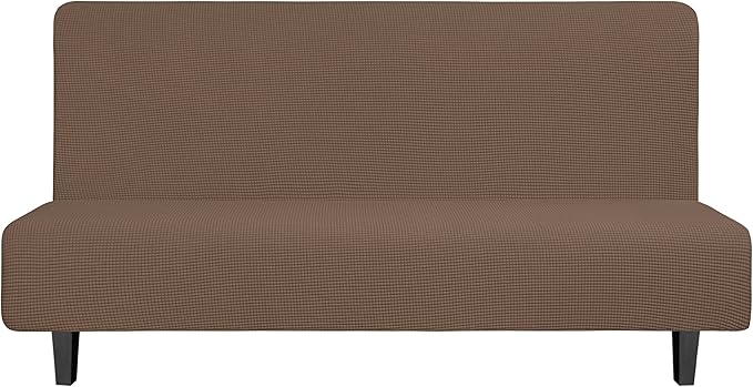 Easy-Going Stretch Futon Slipcover Armless Futon Bed Cover Furniture Protector Without Armrests with Elastic Bottom for Kids, Soft Jacquard Fabric Small Checks (Large, Brown)