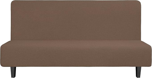 Easy-Going Stretch Futon Slipcover Armless Futon Bed Cover Furniture Protector Without Armrests with Elastic Bottom for Kids, Soft Jacquard Fabric Small Checks (Large, Brown)