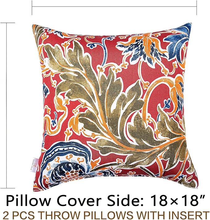 JMGBird Water-Resistant Outdoor Pillows Set of 2, 18x18 inch Durable Red with Pomegranate Flower Pattern Throw Pillows with Inserts for Patio Furniture