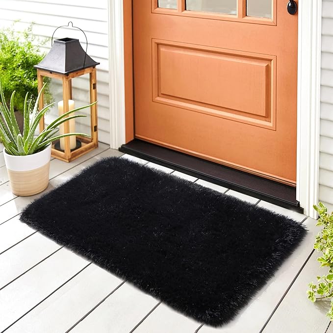 Noahas Door Mat Indoor Entrance,2x3 Shaggy Small Black Area Rugs for Entryway,Non-Slip Fluffy Entry Bedroom Rug,Soft Plush Bedside Throw Kids Carpet