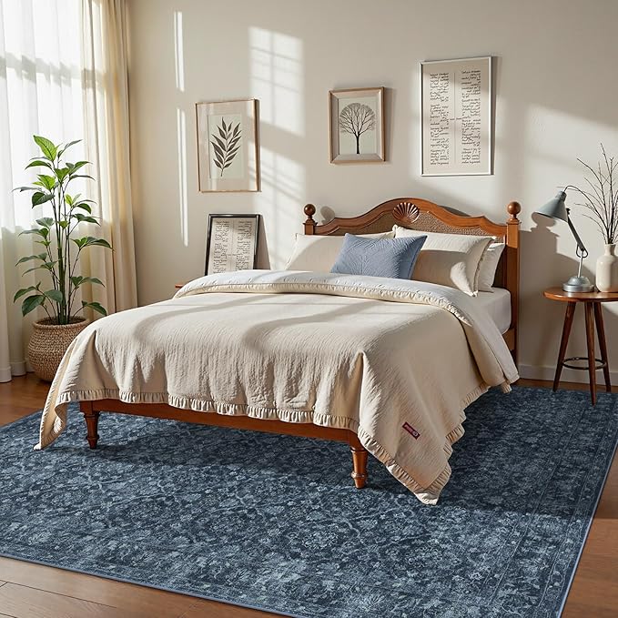 Hedlive Vintage Blue Rugs for Living Room, Ultra-Thin Washable Rugs 8x10 Area Rugs for Bedroom Non Slip, Stain Resistant Vintage Carpet Rug for Dining Room High Traffic Area (8'x10', Blue)