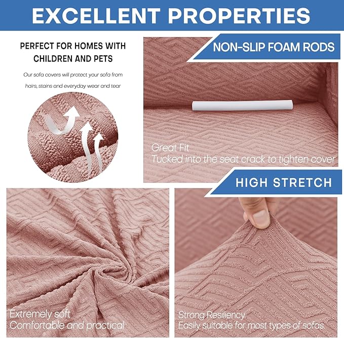 XINEAGE New 1 Piece Couch Covers for 3 Cushion Couch (79"-91") Stretch Sofa Cover Slipcover Pet Friendly Soft Washable Furniture Protector with Elastic Bottom for Kids,Dog (Sofa, Dusty Pink)
