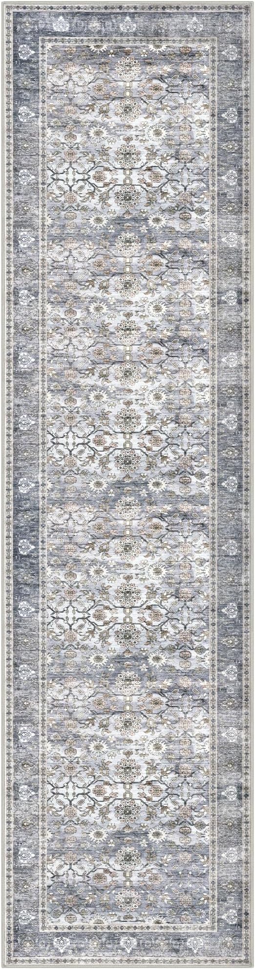 KUTA Vintage Washable Runner Rug, 2.6x10 Grey Blue Runners for Hallways Non-Slip Kitchen Rugs Ultra Thin Soft Printed Distressed Oriental Floral Floor Carpet for Laundry Bedroom Living Room Nursery