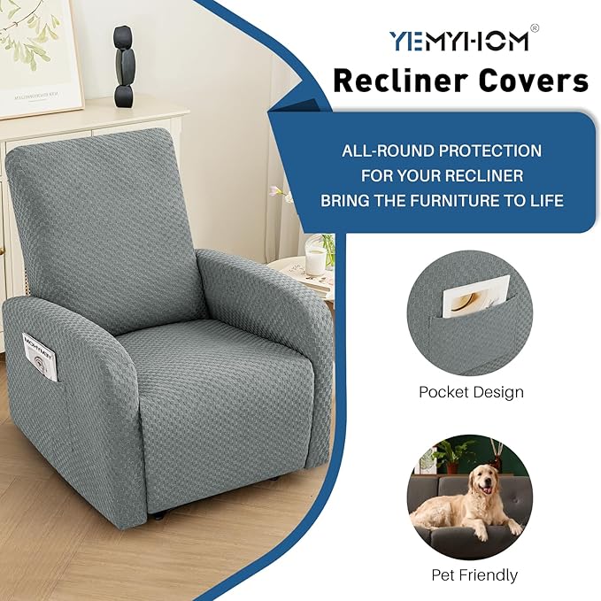 YEMYHOM 3 Pieces Stretch Recliner Slipcover Latest Jacquard Small Recliner Chair Cover with Side Pocket Anti-Slip Fitted Furniture Protector with Elastic Bottom (X-Small Recliner, Light Gray)