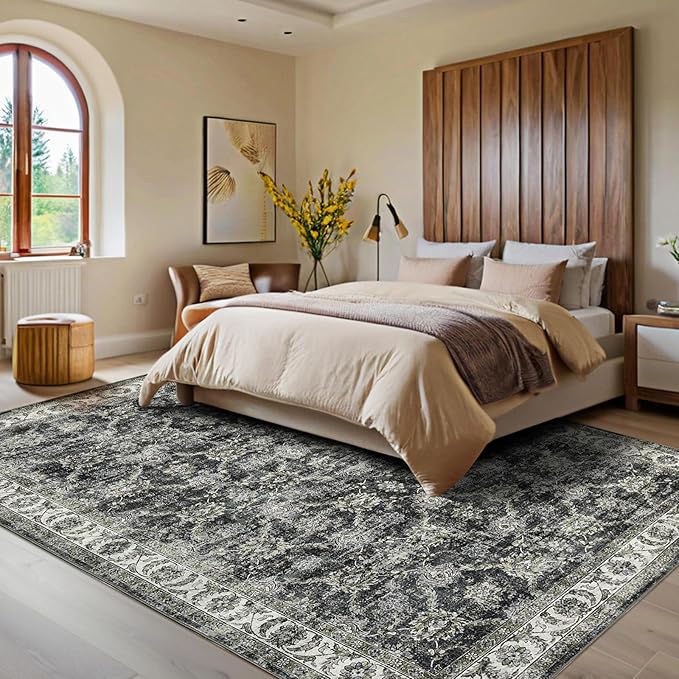 GarveeHome Vintage Rug 5x7 Floral Print Area Rug for Living Room Washable Non Slip Farmhouse Distressed Indoor Carpet Foldable Low Pile Soft Accent Throw Rug for Bedroom Home Nursery, Grey