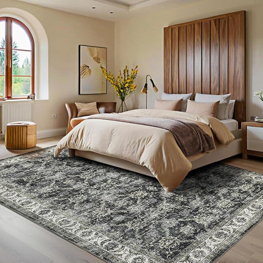 GarveeHome Vintage Rug 5x7 Floral Print Area Rug for Living Room Washable Non Slip Farmhouse Distressed Indoor Carpet Foldable Low Pile Soft Accent Throw Rug for Bedroom Home Nursery, Grey