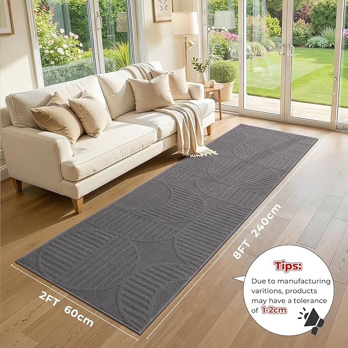 Findosom Washable Runner Rug 2x8, Geometric High-Low Textured Non Slip Hallway Runner Rug with Rubber Backing, Boho Carpet Runner for Kitchen, Bedroom, Laundry, Entryway, Bathroom, Gray