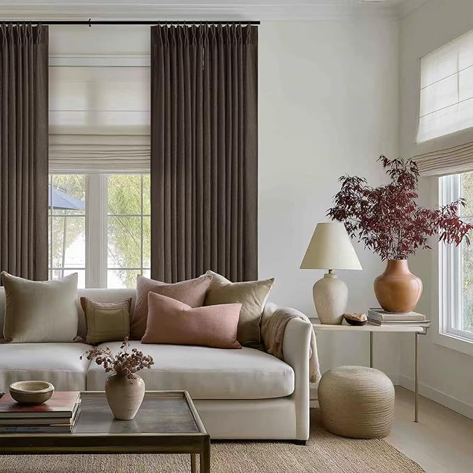 TWODRAPES Dark Chocolate 80 Inch Pinch Pleated Linen Curtains 2 Panels for Living Room Bedroom Memory Training Shaped Semi Sheer Pleat Drapes with Hooks Rings Light Filtering Window Curtain 40x80