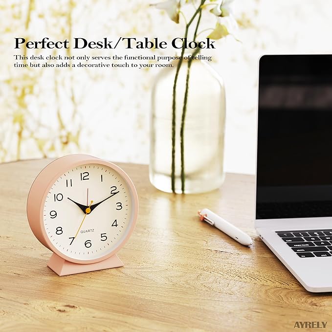 AYRELY?? 4.5" Analog Alarm Clock,Small Retro Desk Clock Battery Operated,Slient Metal Table Clock with Light for Living Room Decor,Bedroom,Bedside,Shelf(Light Pink)
