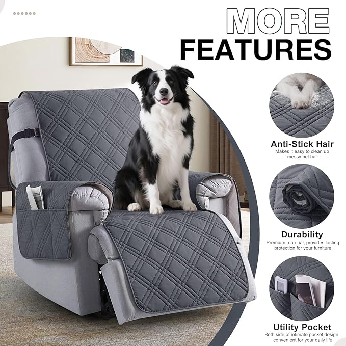 TAOCOCO 100% Waterproof Recliner Chair Cover, Non Slip Recliner Covers for Recliner Chair with Pocket, Washable Reclining Chair Cover Furniture Protector for Kids, Pets(23.6'', Dark Grey)