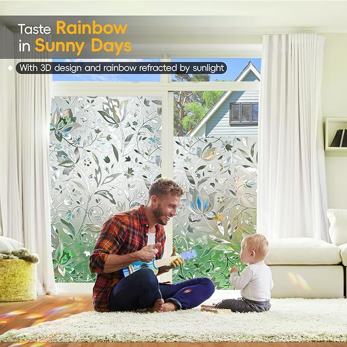 Rainbow Window Privacy Film Decorative, Stained Glass Tint for Home, 3D Decals Clings for Glass, Static Cling Sticker, Suncatcher Cover,45.2" by 157.4"