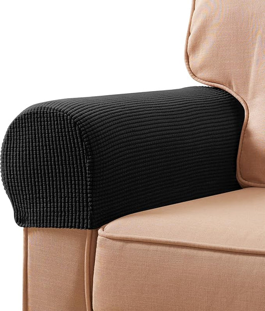 SUBRTEX Stretch Couch Arm Covers Set of 2, Checkered Sofa Arm Slipcovers, Anti-Slip Armrest Covers for Recliner and Armchairs, Pet Proof, High Stretchy, Hook & Loop Tape, Black