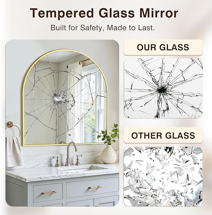 Vanity Bathroom Mirror for Wall, 32”x30” Arched Bathroom Mirror for Over Sink, Arched Metal Frame for Bedroom, Living Room, Entryway, Hanging or Leaning, Gold